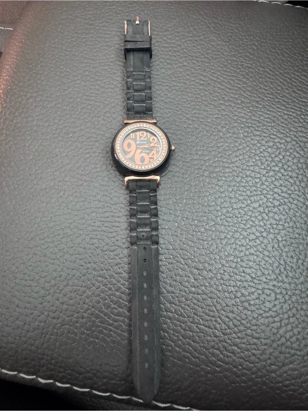 Geneva Quartz Women's Black and Rose Gold Crystal Accent Watch